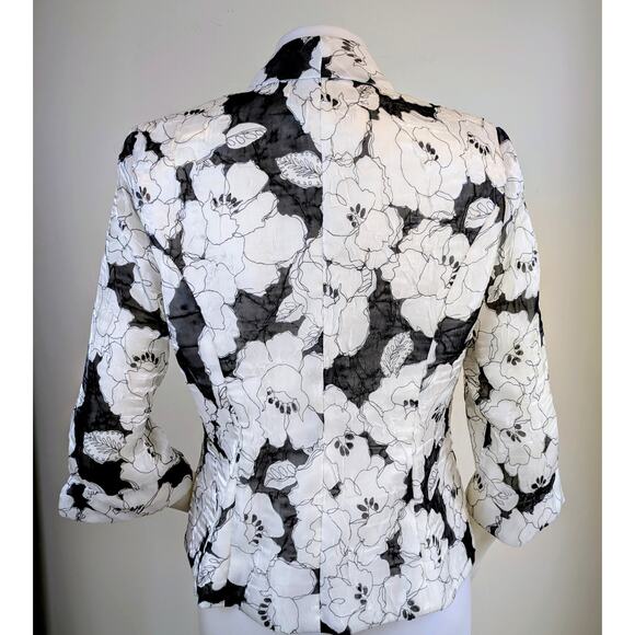 VTG Alex Evenings Crop Blazer Jacket Medium Black White Floral Sheer Taffeta - Picture 6 of 11